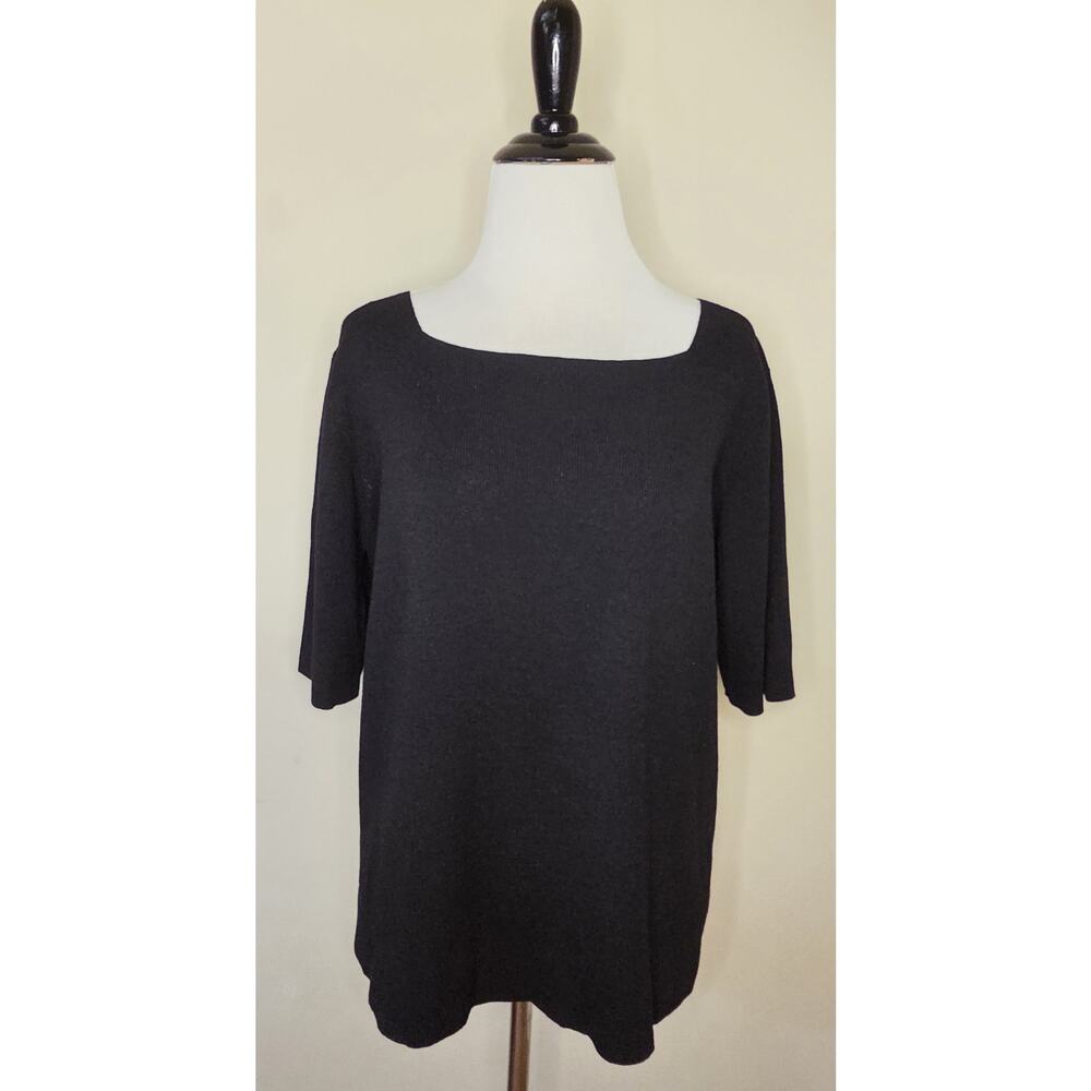 Eileen Fisher 100% Wool Knit Short Sleeve Sweater Medium Black Work Office Top